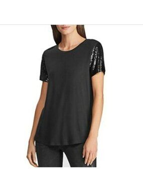 Ralph Lauren Womens Black Sequined Short Sleeve Jewel Neck T-Shirt Top Size L